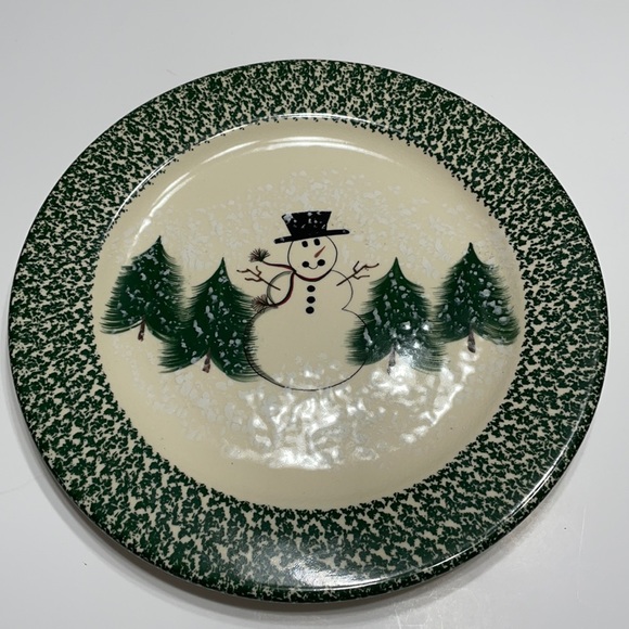 Snowman and Pine Tree Plate Trimmed in Green - Picture 1 of 3